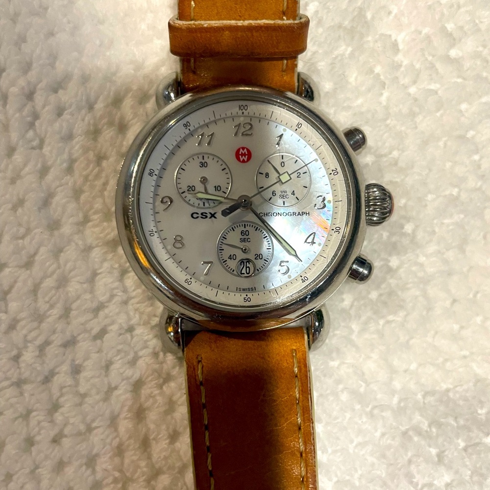 Michele watch CRX w vachetta double wrap leather band and silver link band..